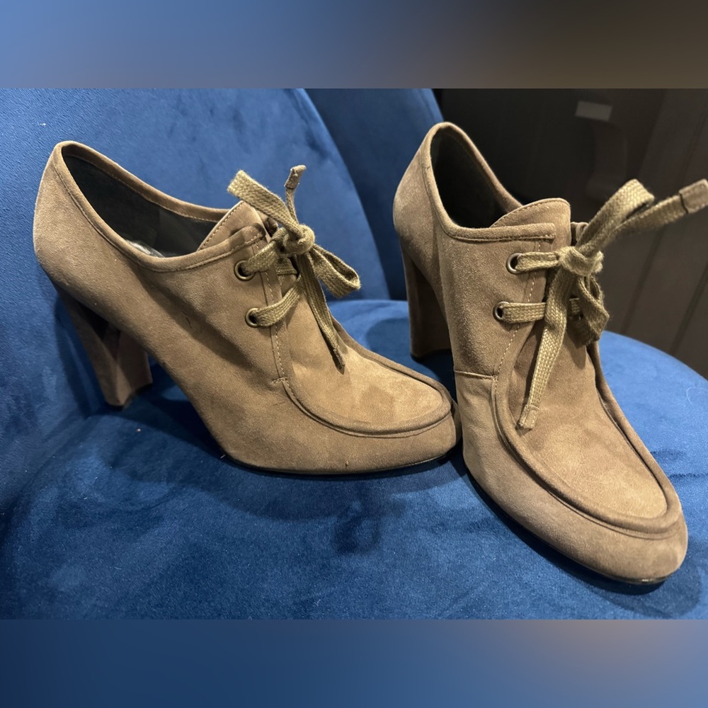 Stewart Weitzman lace-up taupe suede heeled loafers, 3.75” heel.